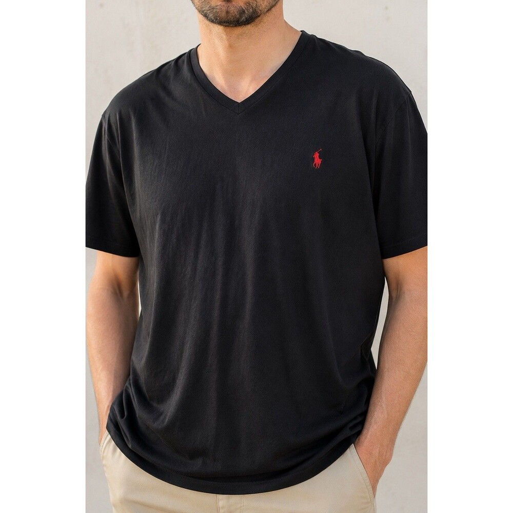 Polo Ralph Lauren Men’s XXL Black V-Neck T-Shirt Red Pony Logo Short Sleeve Tee